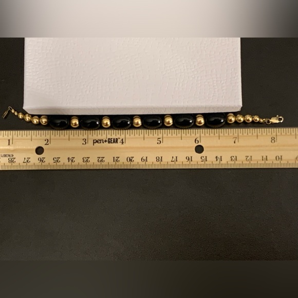 VINTAGE BLACK ONYX" 14K GOLD FILLED BALL BEADED BRACELET sz 7. 3/4” - Picture 10 of 10